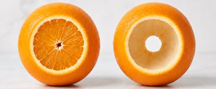 Analogia do HoLEP: à esquerda uma laranja inteira, representando a próstata aumentada com canal urinário estreito; à direita a mesma laranja sem os gomos, representando a passagem da urina liberada após o procedimento.
